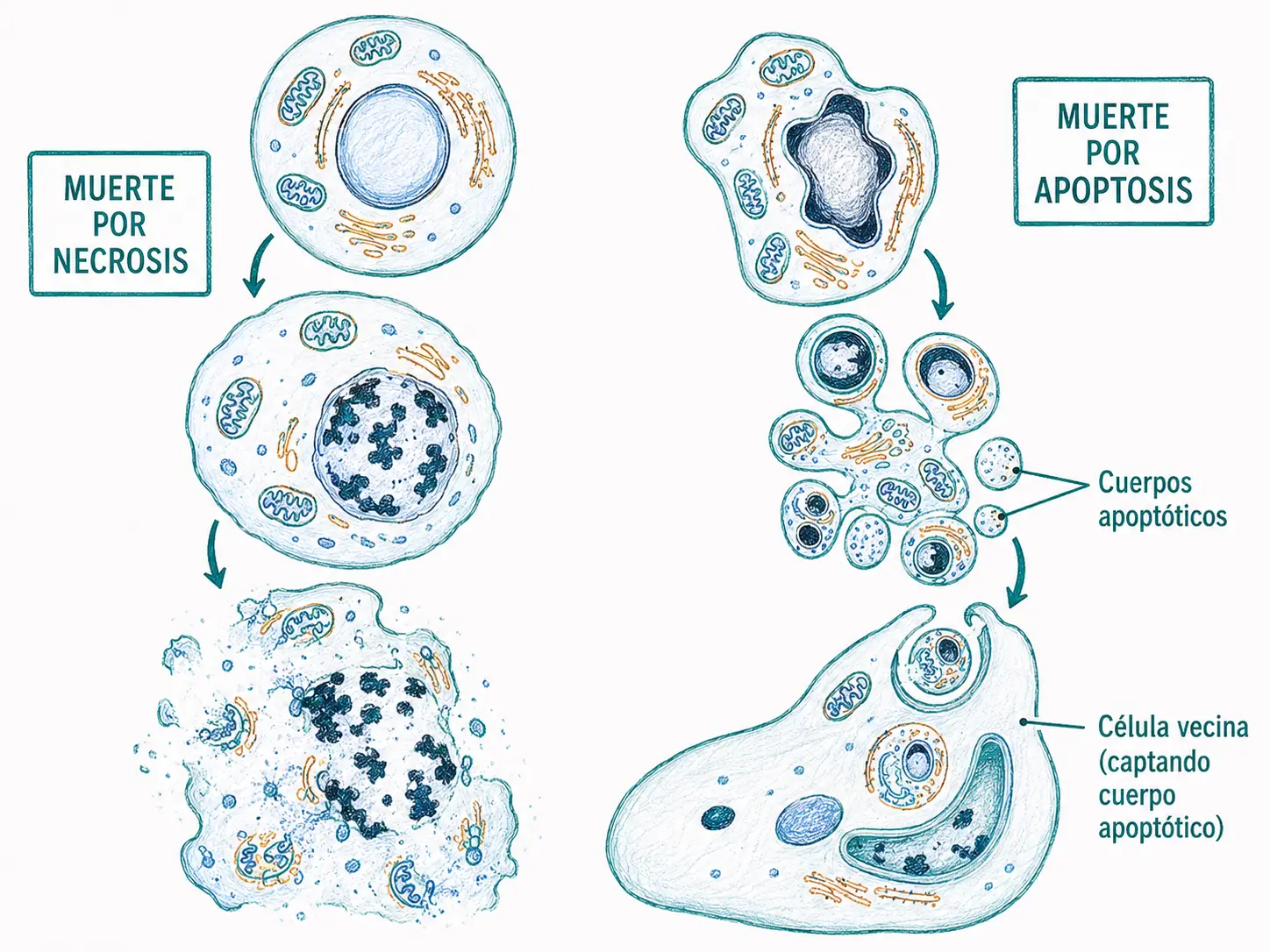 Ilustración comparativa de la muerte celular por necrosis y apoptosis, con formación de cuerpos apoptóticos y fagocitosis por una célula vecina.