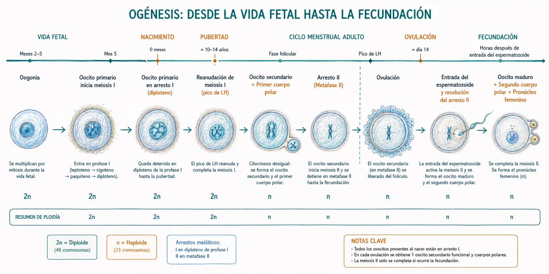 Línea temporal de la ovogénesis humana mostrando ovogonias, ovocito primario, detención meiótica en diploteno, reanudación de la meiosis por el pico de LH, ovulación, ovocito secundario detenido en metafase II y finalización de la meiosis tras la fecundación.