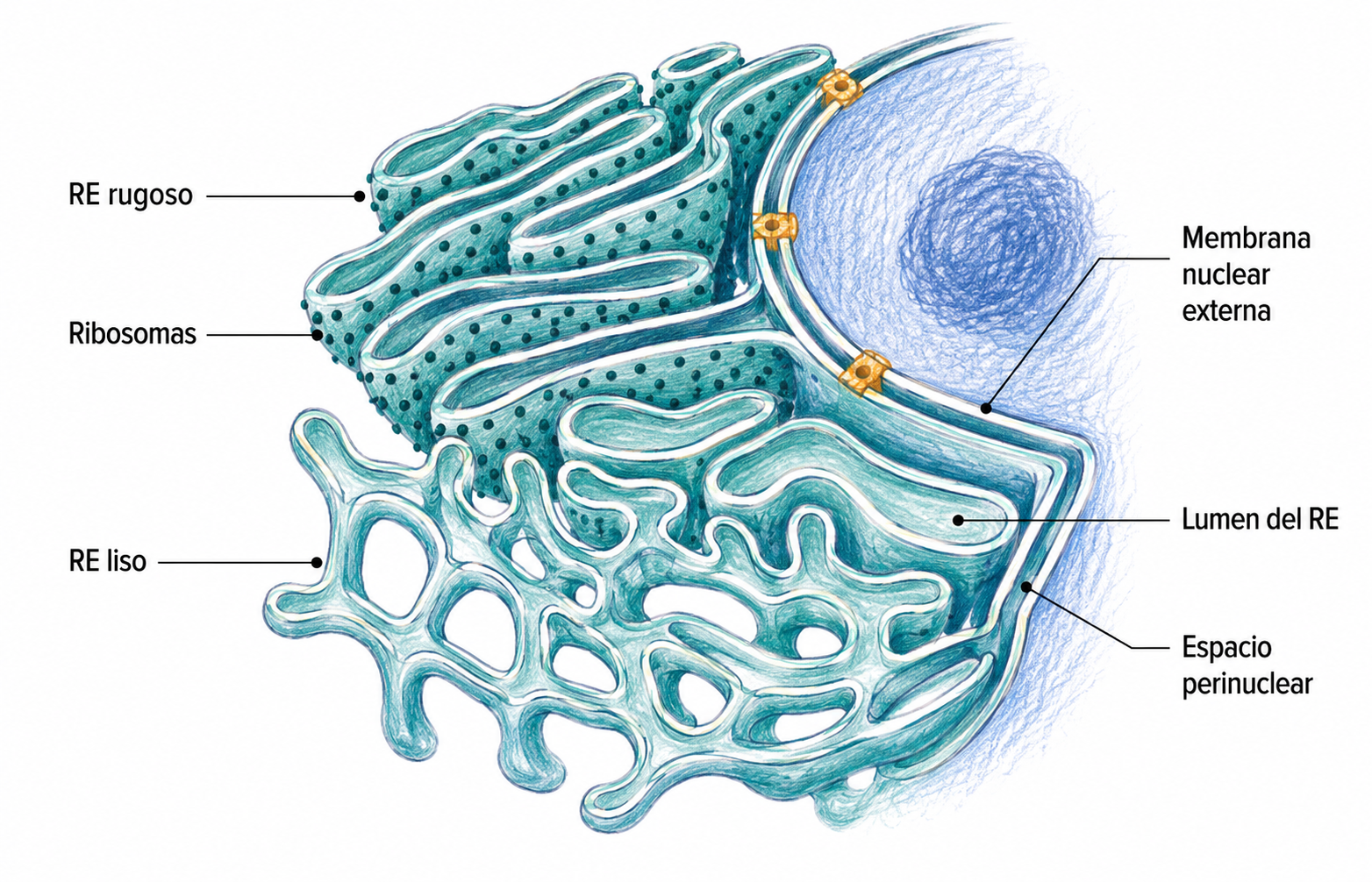 Comparación entre el retículo endoplasmático rugoso, el retículo endoplasmático liso y la membrana nuclear