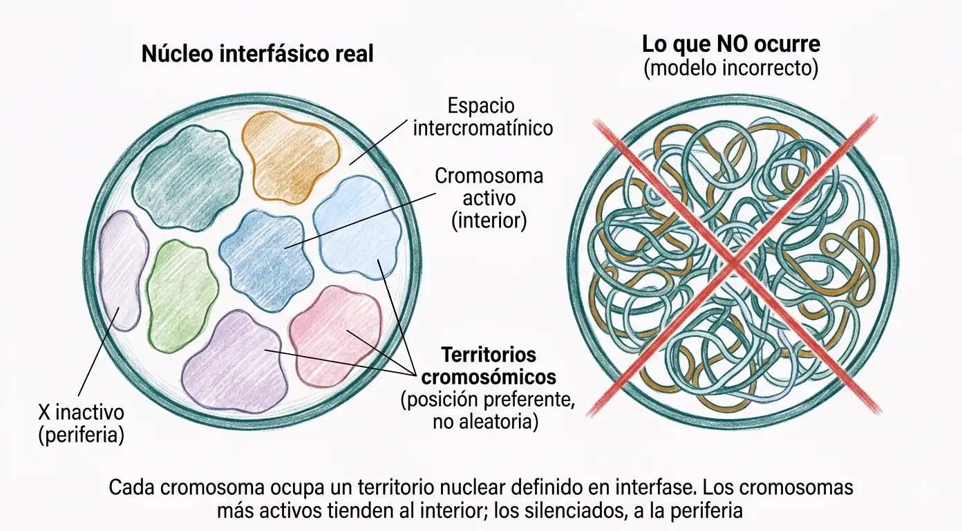 Territorios cromosómicos en un núcleo interfásico mostrando cromosomas organizados en dominios espaciales definidos, con cromosoma X inactivo en la periferia nuclear.