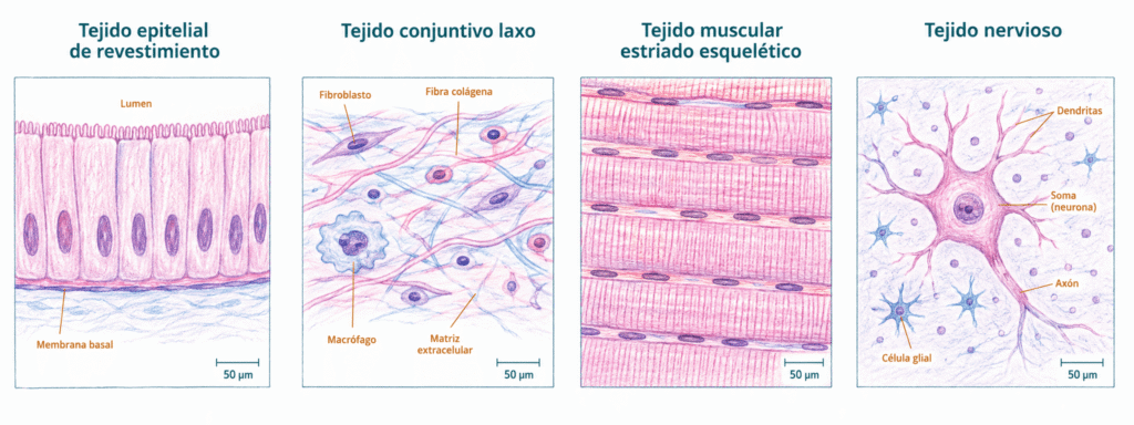 Ilustración histológica de los cuatro tejidos básicos: epitelial de revestimiento, conjuntivo laxo, muscular estriado esquelético y nervioso.