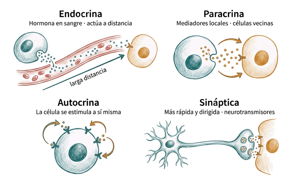 Ilustración comparativa de los tipos de señalización celular: endocrina, paracrina, autocrina y sináptica.