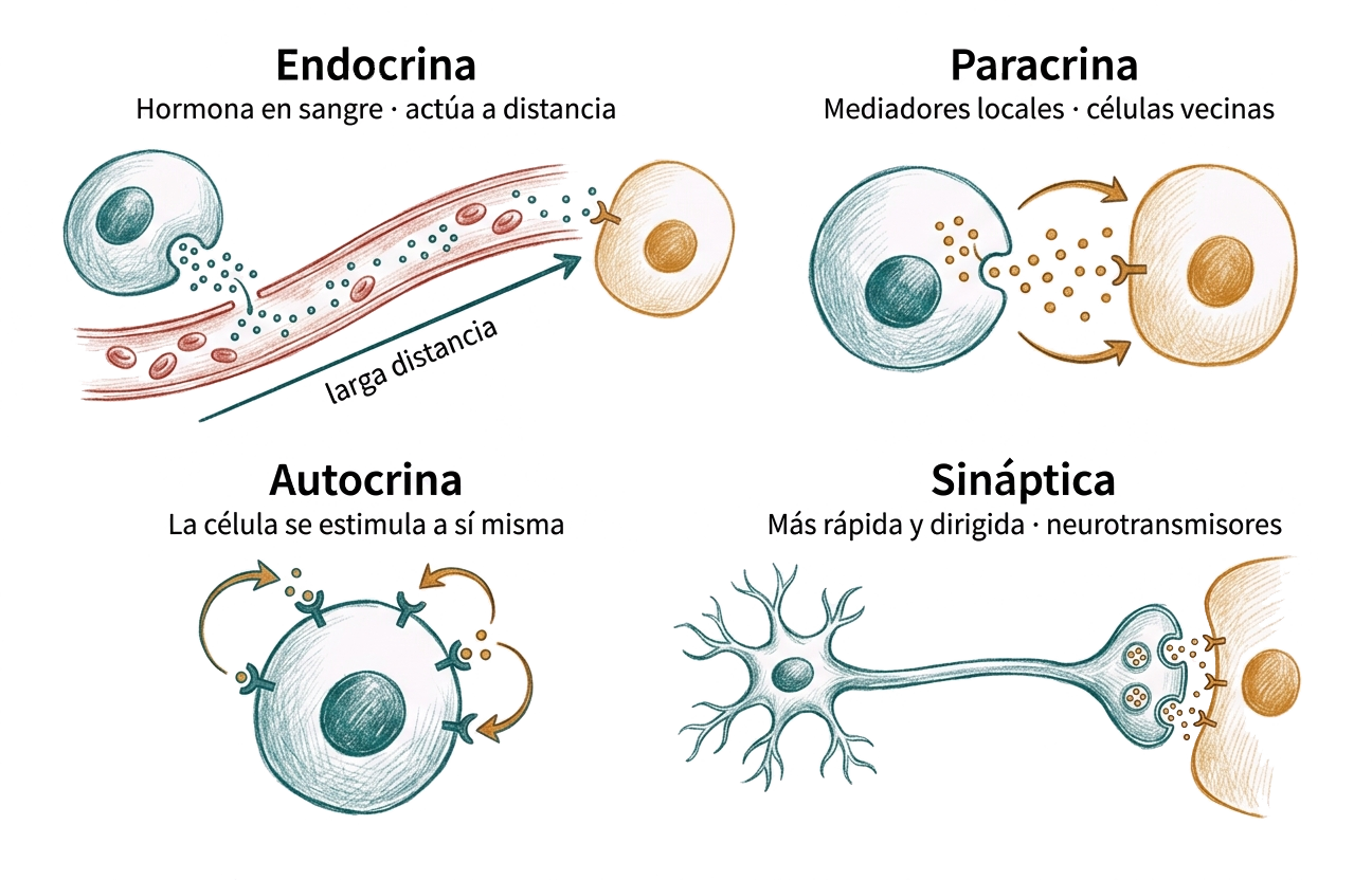 Tipos de señalización celular: endocrina, paracrina, autocrina, sináptica y por contacto