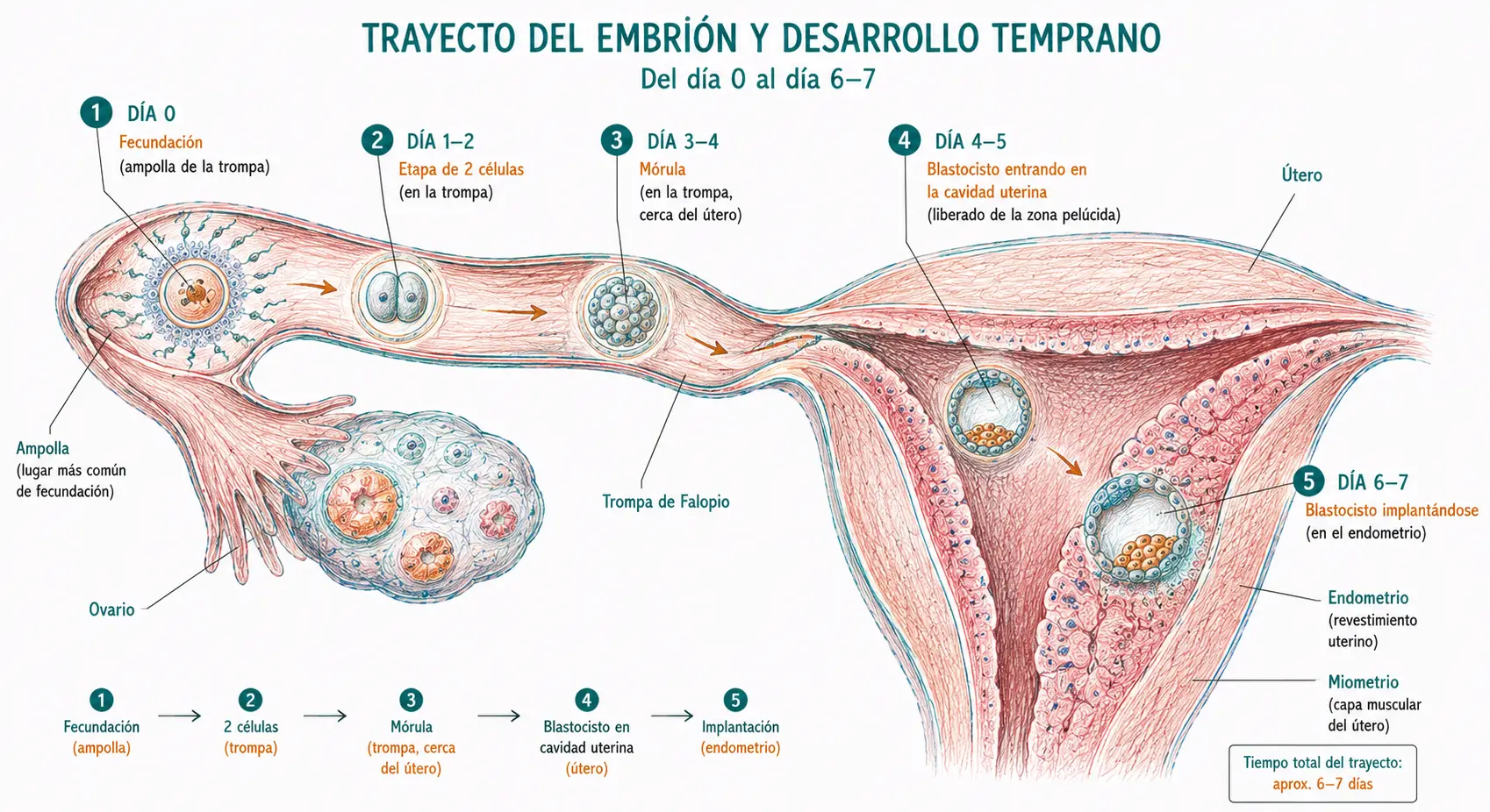 Esquema anatómico del aparato reproductor femenino mostrando el recorrido del embrión desde la fecundación en la ampolla tubárica hasta la implantación en el endometrio, incluyendo cigoto, etapa de dos células, mórula, blastocisto e implantación.