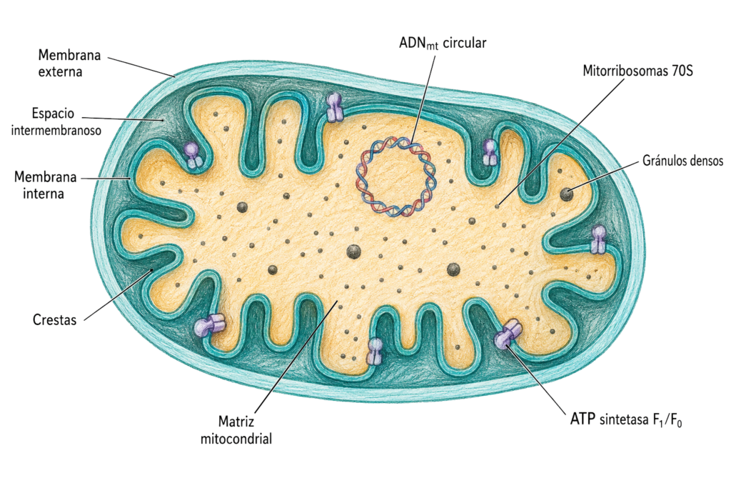 Corte longitudinal de una mitocondria con membrana externa, espacio intermembranoso, membrana interna, crestas, matriz, ADNmt circular, mitorribosomas 70S y ATP sintasa.