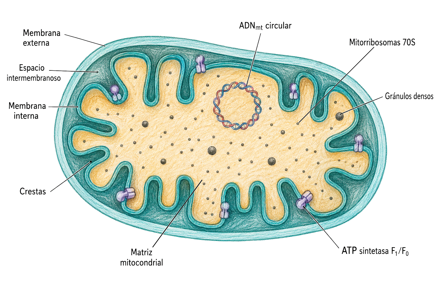 Ultraestructura de la mitocondria con membrana externa, membrana interna, crestas, espacio intermembrana y matriz mitocondrial