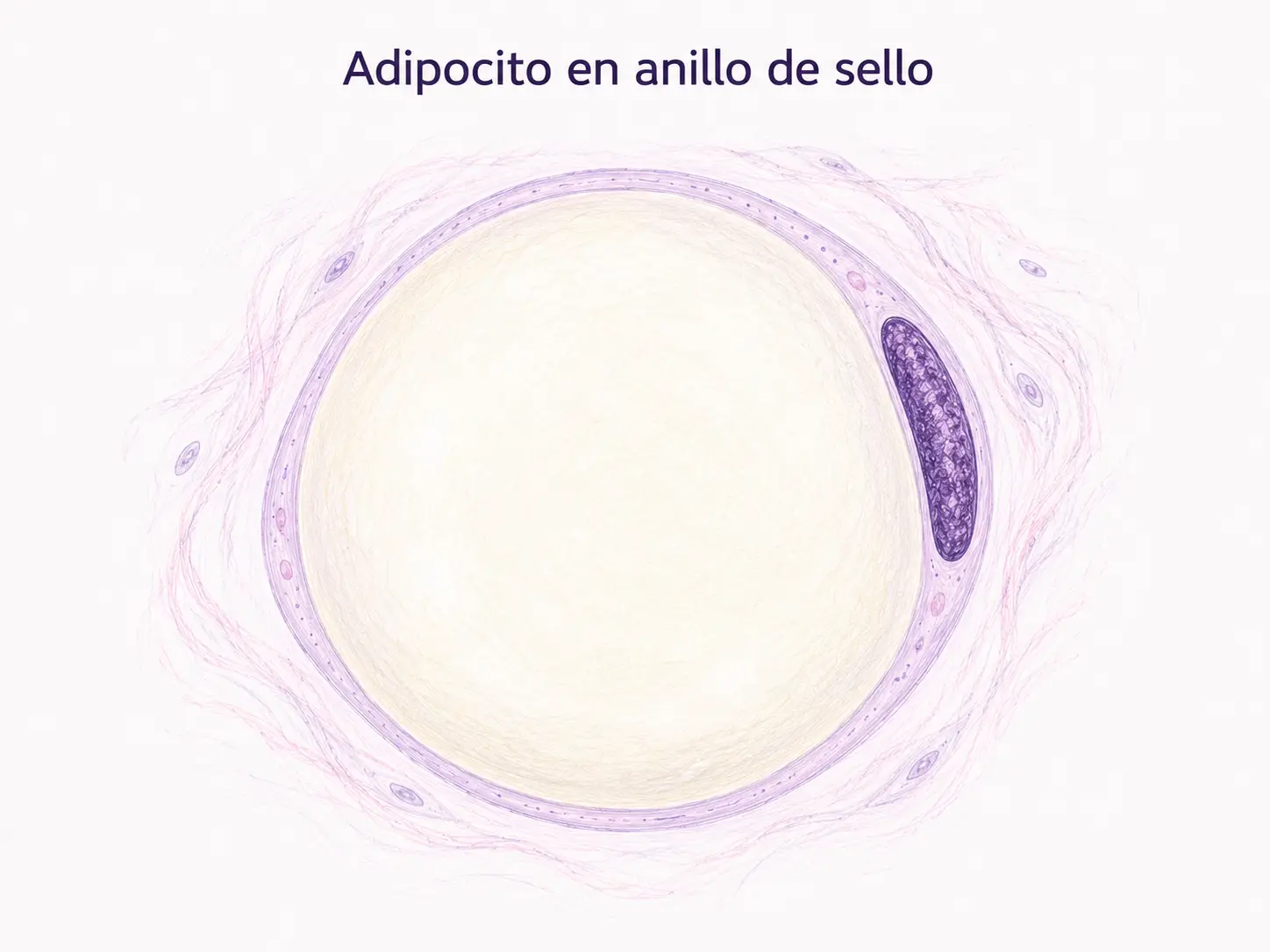 Ilustración de un adipocito unilocular con gran gota lipídica central y núcleo desplazado a la periferia.