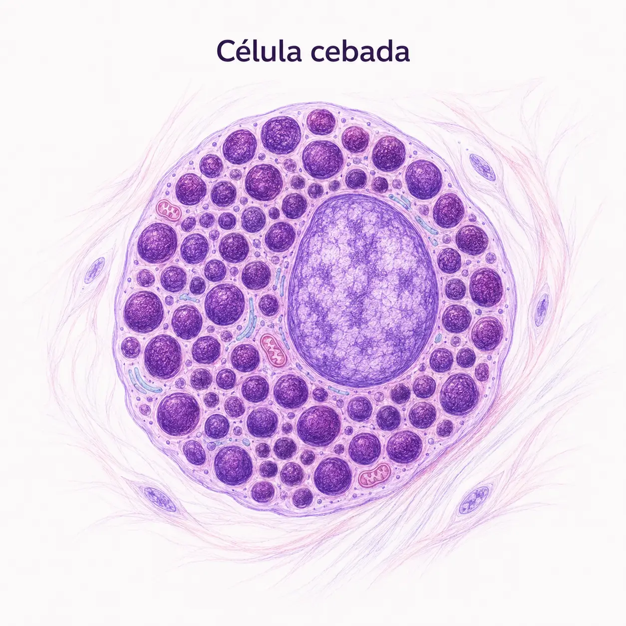 Ilustración de una célula cebada con numerosos gránulos citoplasmáticos y núcleo parcialmente oculto.