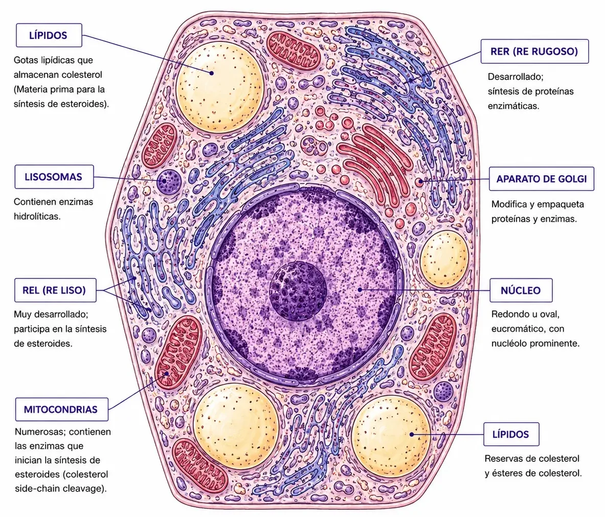 Célula esteroidogénica con gotas lipídicas, retículo endoplásmico liso, mitocondrias, Golgi, lisosomas y núcleo.