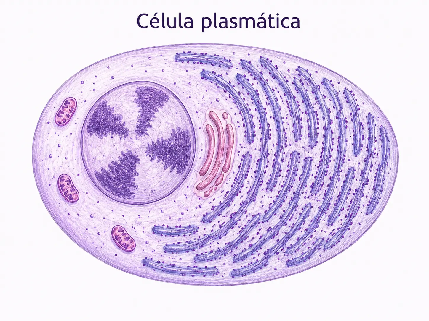 Ilustración de una célula plasmática con núcleo excéntrico, aparato de Golgi y abundante retículo endoplásmico rugoso.