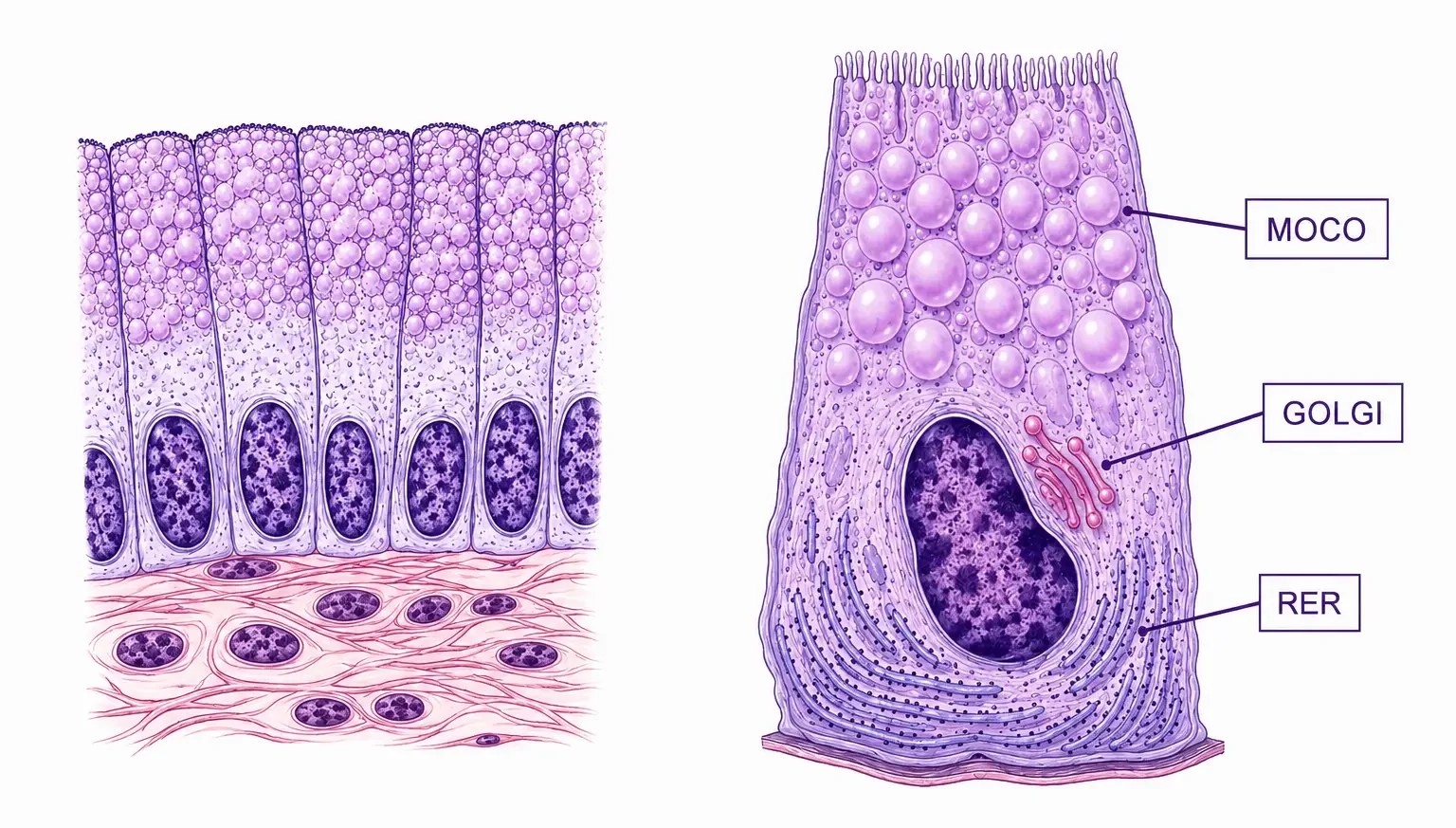 Epitelio gástrico y célula secretora de moco con gránulos apicales, aparato de Golgi y retículo endoplásmico rugoso.