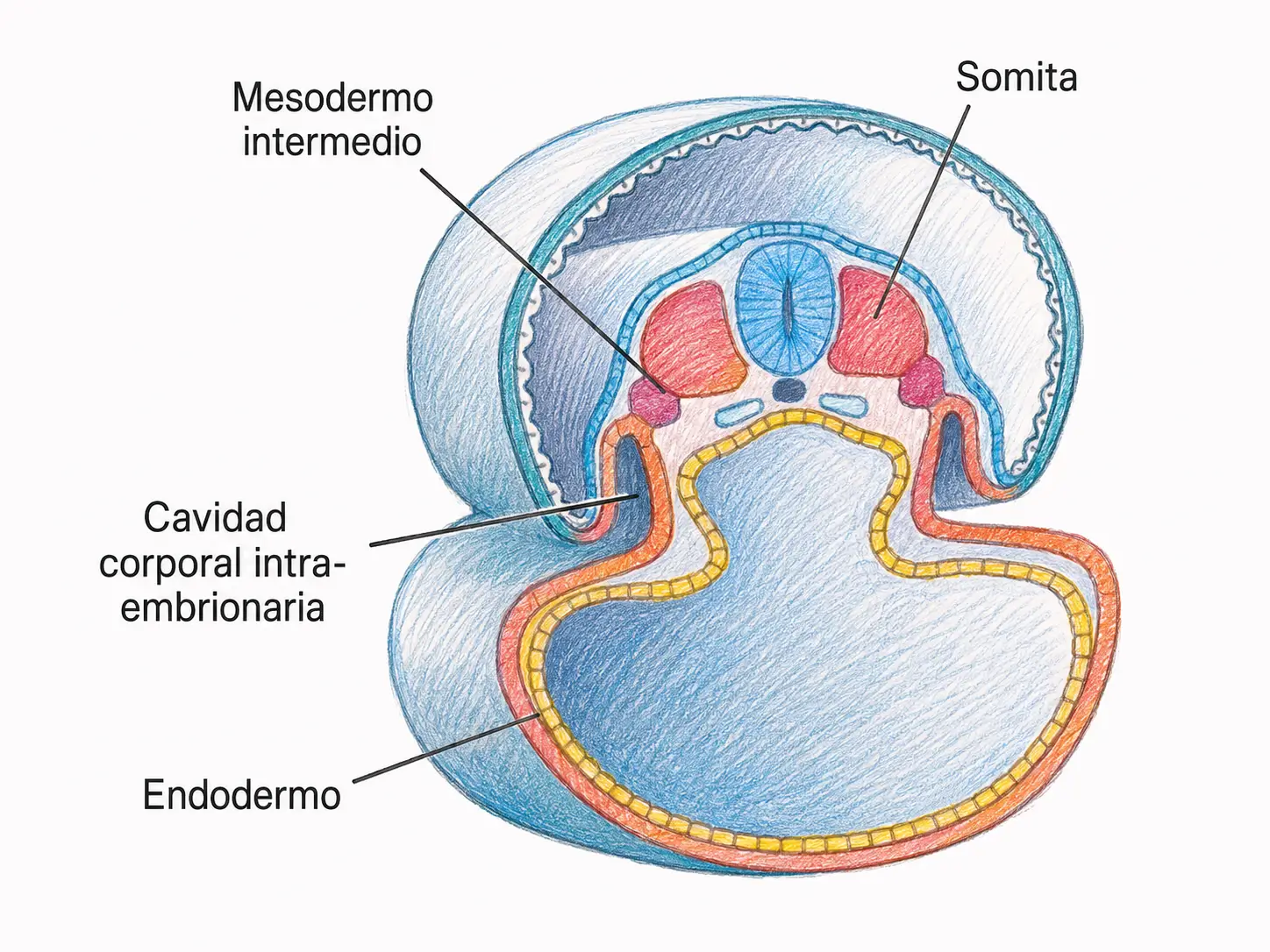 Corte transversal embrionario con somita, mesodermo intermedio, cavidad corporal intraembrionaria y endodermo durante el plegamiento lateral.