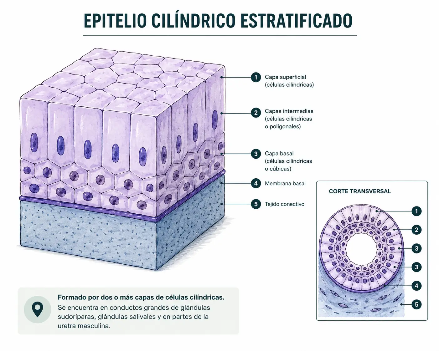 Esquema del epitelio cilíndrico estratificado con capa superficial de células cilíndricas, capas intermedias, capa basal, membrana basal y tejido conectivo.