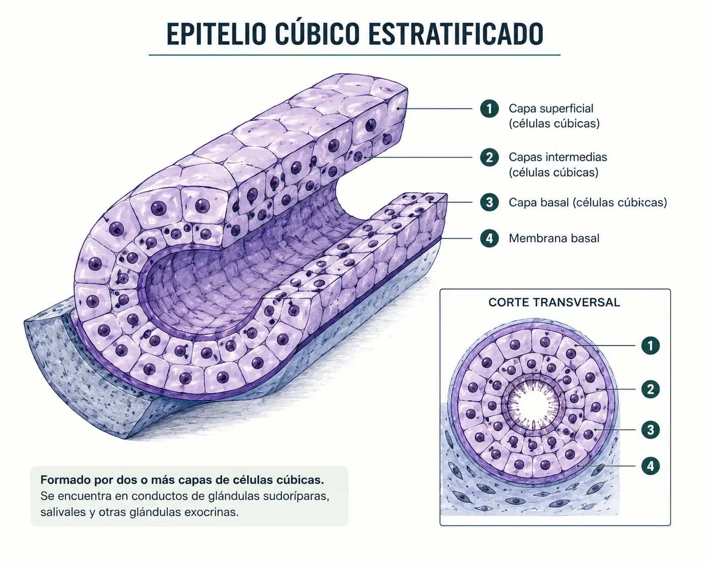Ilustración del epitelio cúbico estratificado formado por varias capas de células cúbicas alrededor de un conducto glandular.