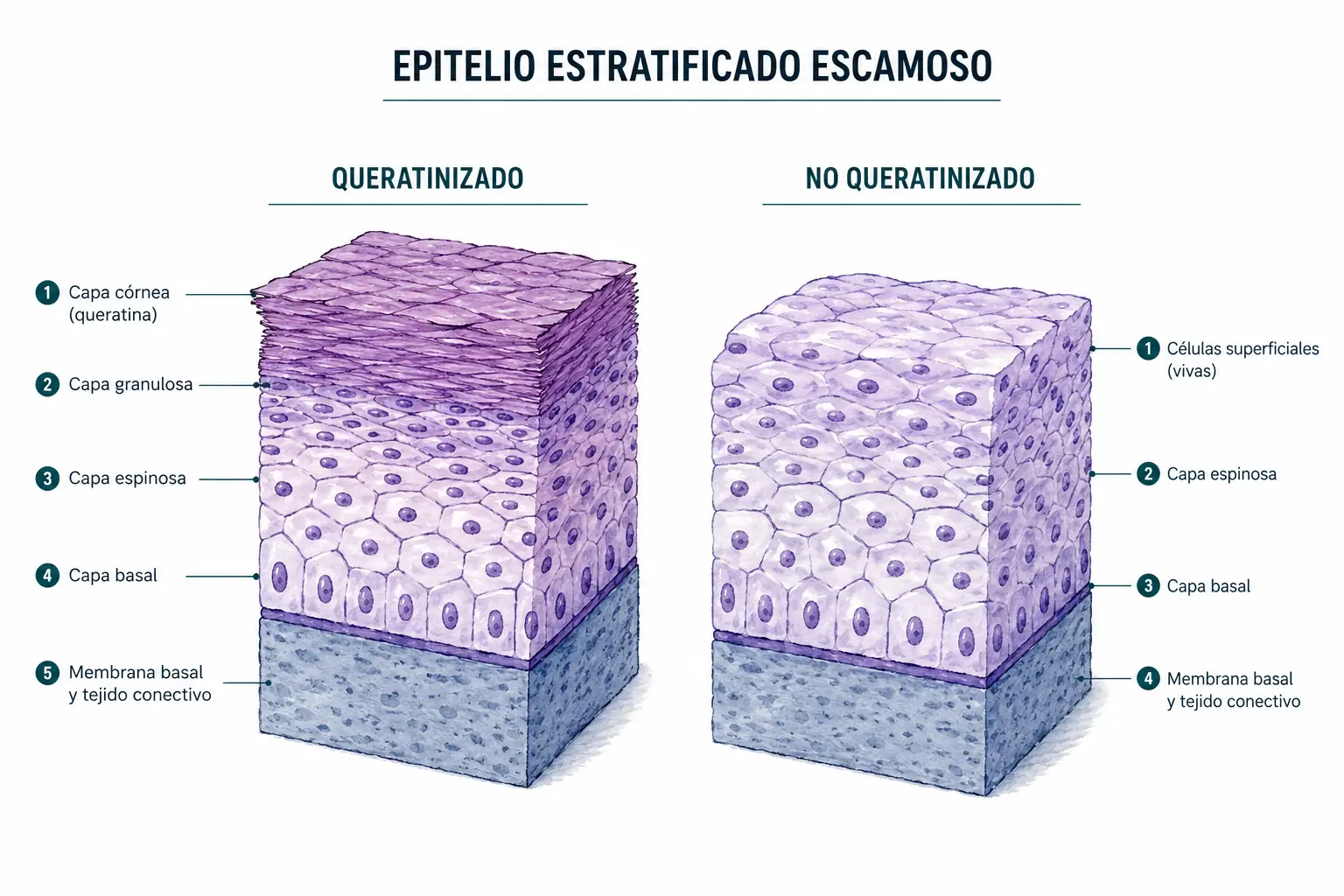 Comparación entre epitelio estratificado escamoso queratinizado y no queratinizado, mostrando capa córnea, capa granulosa, capa espinosa, capa basal y tejido conectivo.