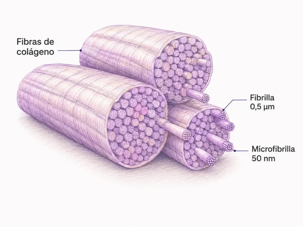 Ilustración de fibras de colágeno formadas por fibrillas de 0,5 micrómetros y microfibrillas de 50 nanómetros.