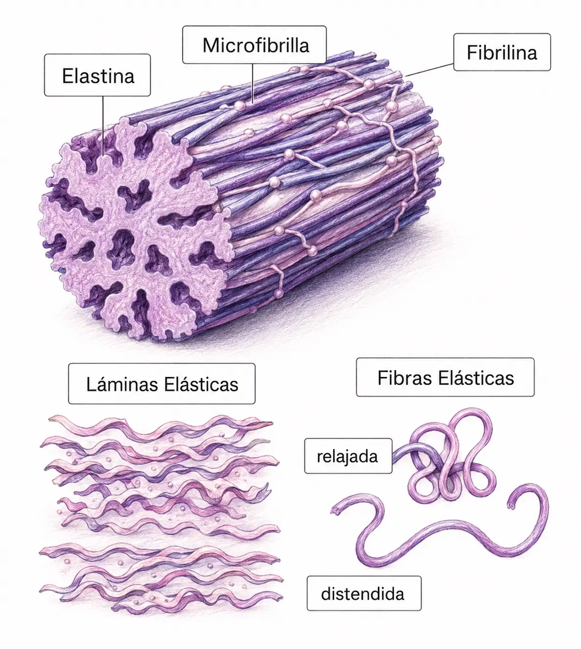 Ilustración médica de fibras elásticas con elastina, fibrilina, microfibrillas, láminas elásticas y fibras relajadas y distendidas.