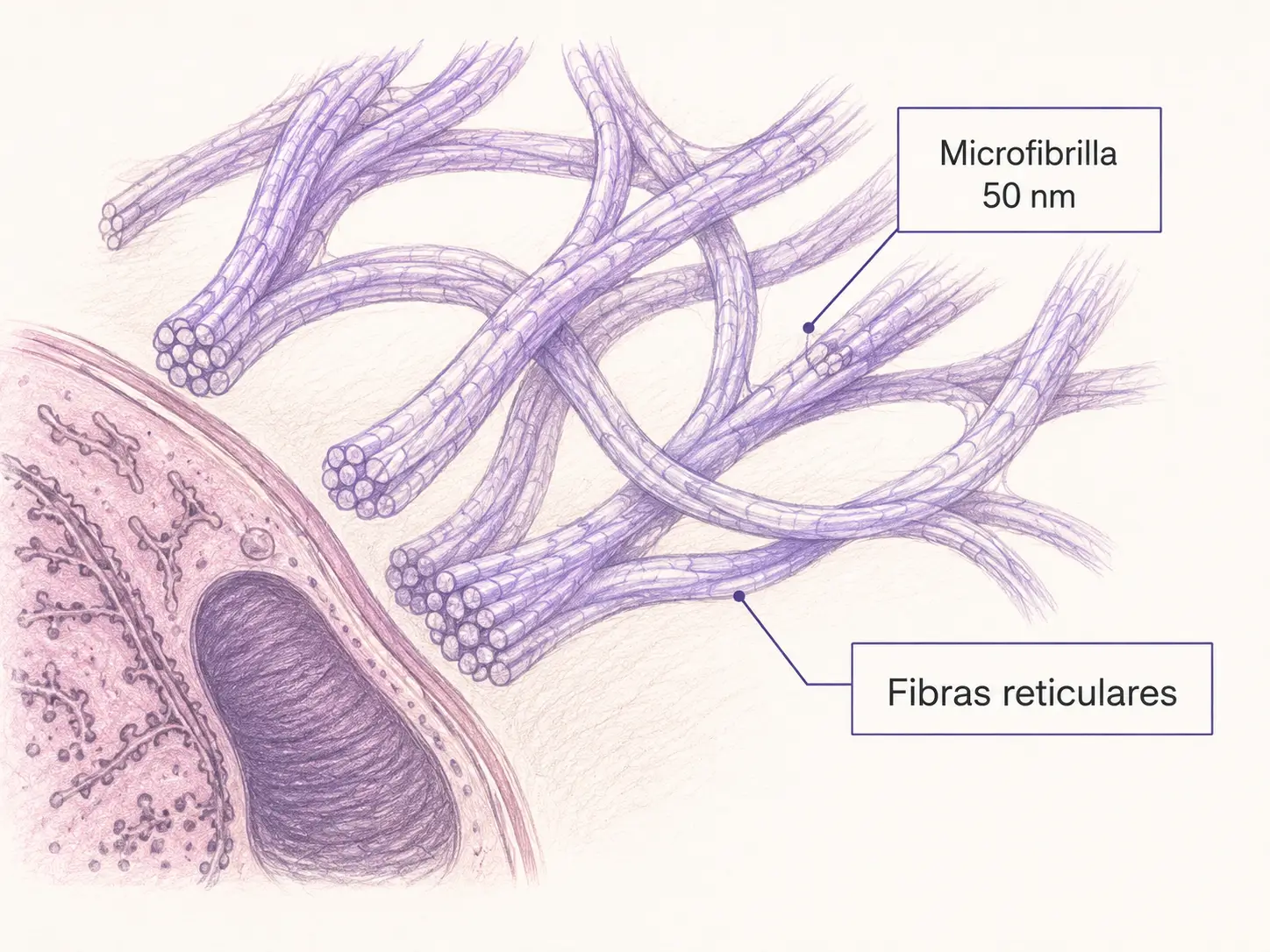 Ilustración médica de fibras reticulares formadas por microfibrillas de 50 nm en el tejido conectivo.
