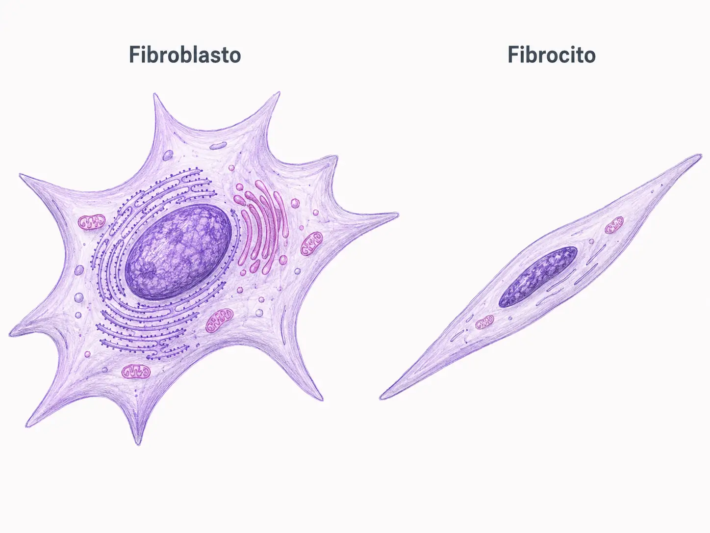 Ilustración comparativa de un fibroblasto activo y un fibrocito en reposo en el tejido conjuntivo.