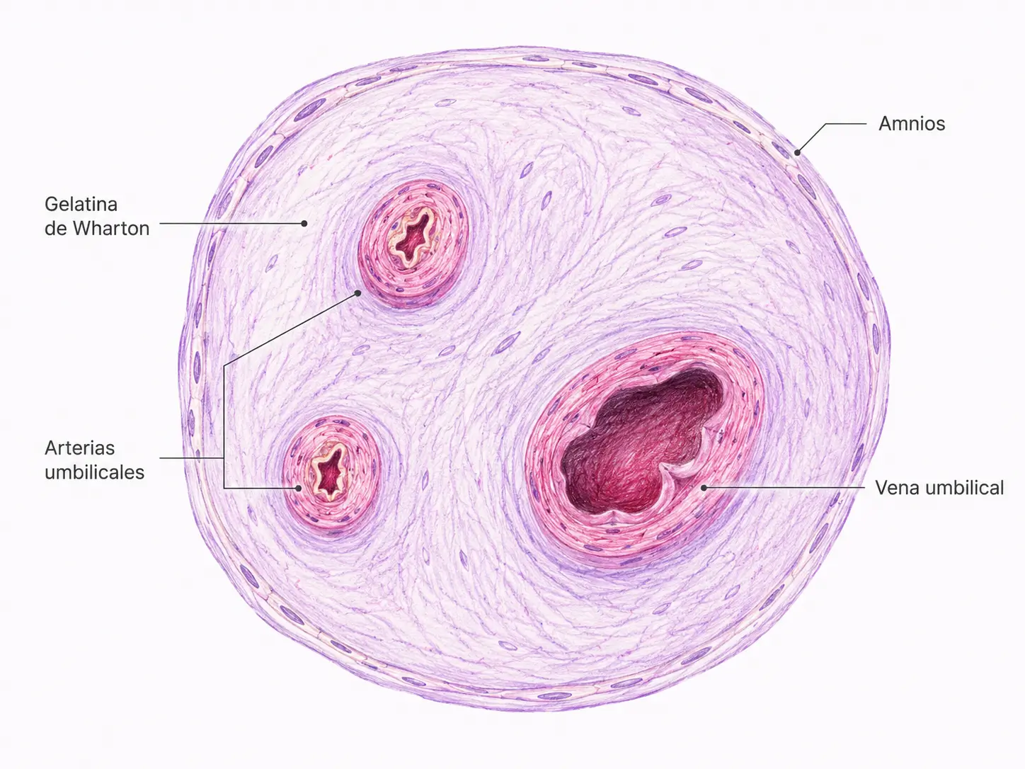 Ilustración médica de un corte transversal del cordón umbilical con gelatina de Wharton, arterias umbilicales, vena umbilical y amnios.