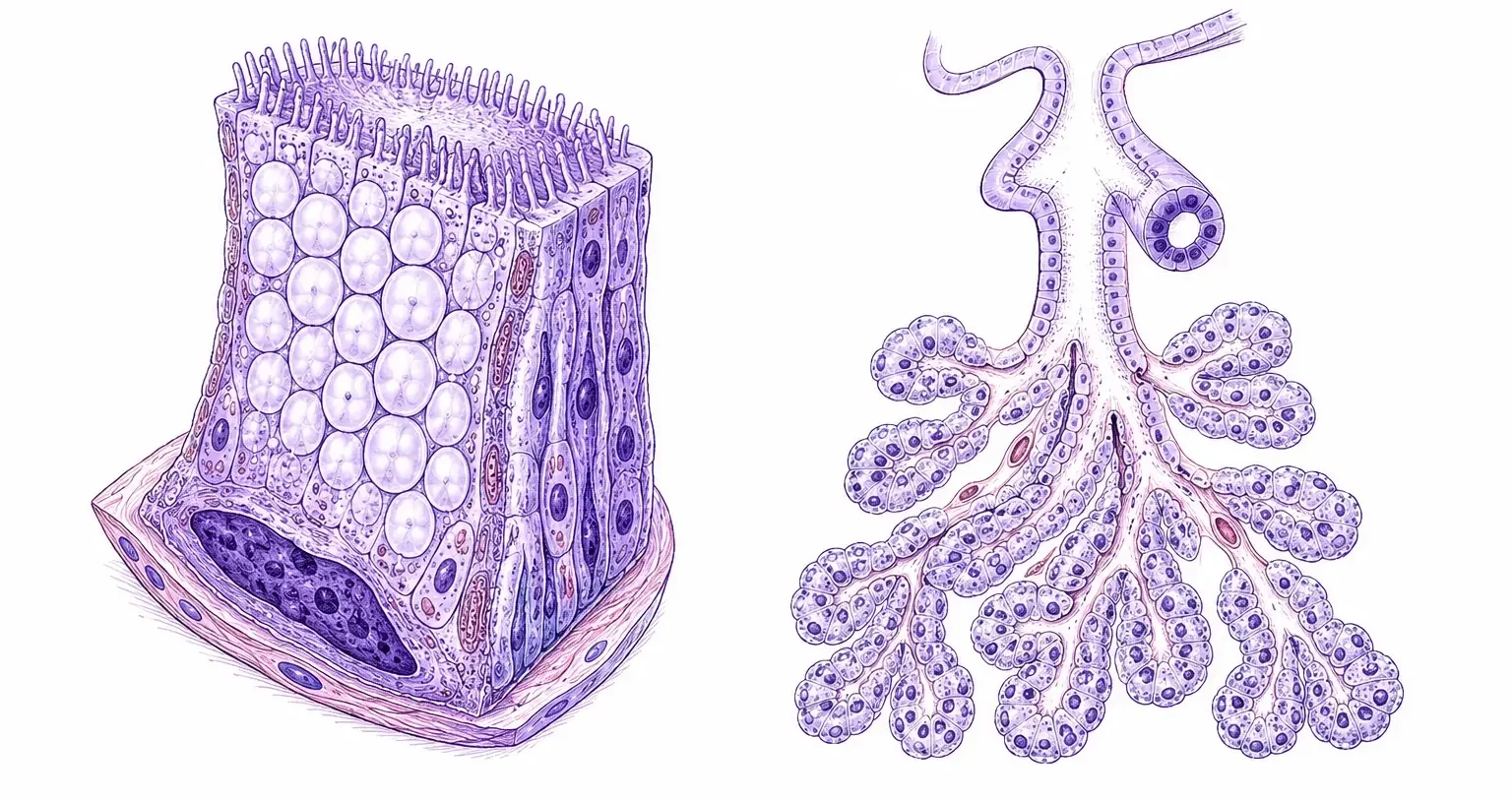 Glándula salivar con acinos secretores, conductos ramificados y células glandulares mucosas y serosas.