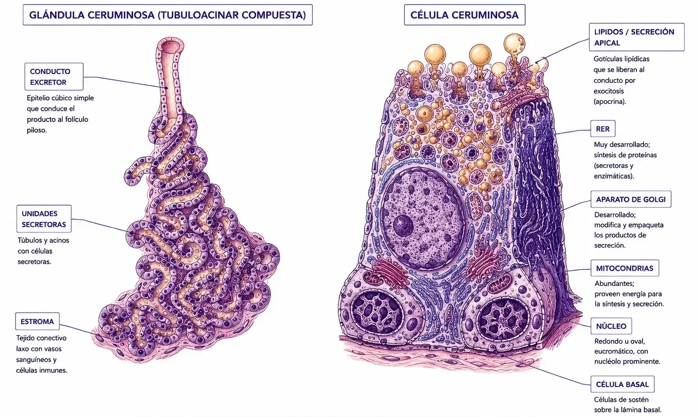 Glándula ceruminosa tubuloacinar compuesta y célula ceruminosa con lípidos, RER, Golgi, mitocondrias y núcleo.