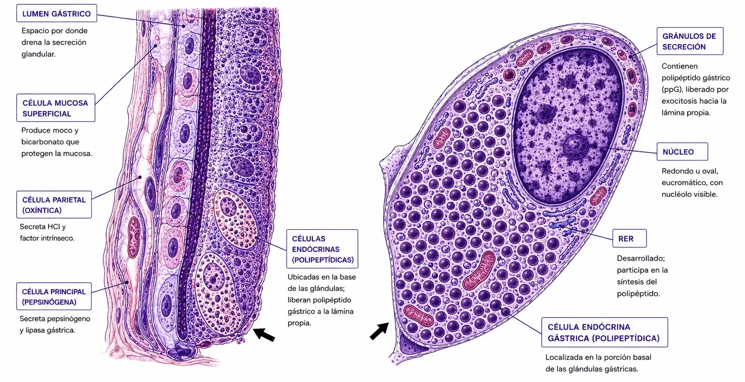 Glándula gástrica con células endocrinas polipeptídicas y célula endocrina gástrica con gránulos de secreción.