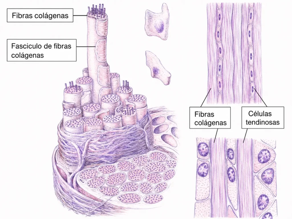 Ilustración médica de la estructura del tendón con fascículos de fibras colágenas, fibras colágenas paralelas y células tendinosas.