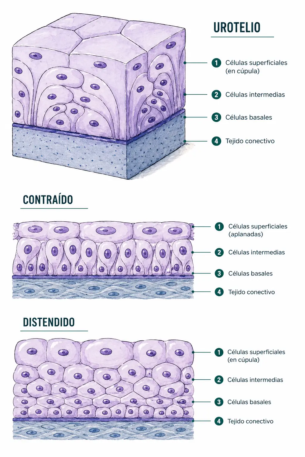 Esquema del urotelio en estado contraído y distendido, con células superficiales en cúpula, células intermedias, células basales y tejido conectivo.