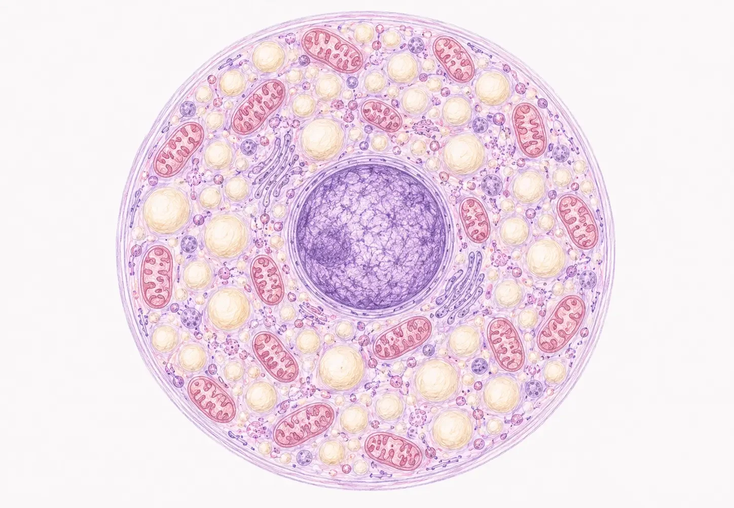 Ilustración de un adipocito multivacuolar de grasa parda con numerosas gotas lipídicas, núcleo central y abundantes mitocondrias.