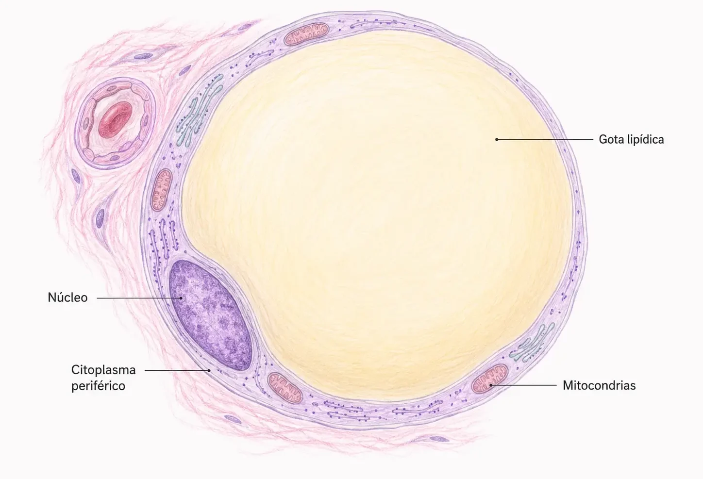 Ilustración de un adipocito univacuolar de grasa blanca con una gran gota lipídica central, citoplasma periférico y núcleo desplazado hacia la membrana.