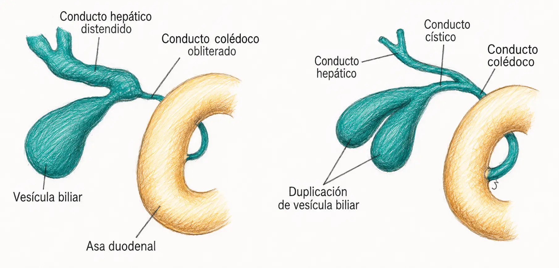 Ilustración embriológica de la obstrucción del conducto colédoco y la duplicación de la vesícula biliar, con conductos hepático y cístico.