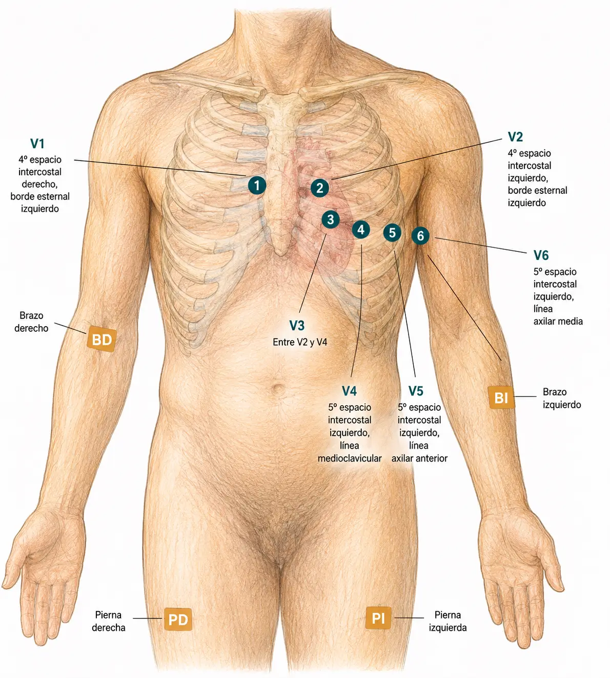 Ilustración anatómica de la colocación de los electrodos del electrocardiograma, con las posiciones precordiales V1, V2, V3, V4, V5 y V6 y los electrodos de miembros BD, BI, PD y PI.