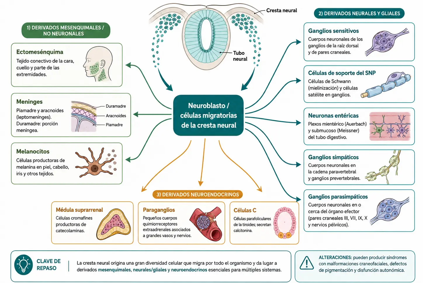 Esquema derivados cresta neural melanocitos células Schwann neuronas periféricas células C