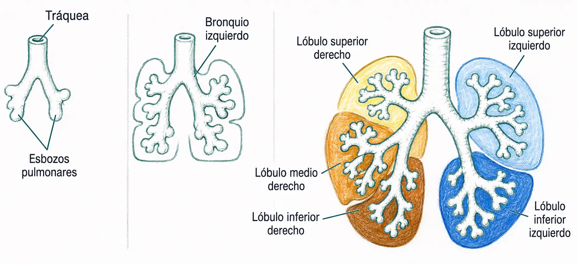 Ilustración secuencial del desarrollo de los esbozos pulmonares, la ramificación bronquial y la formación de los tres lóbulos derechos y dos lóbulos izquierdos.