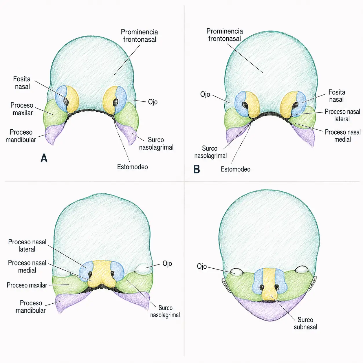 Ilustración embriológica del desarrollo facial con prominencia frontonasal, procesos nasales medial y lateral, proceso maxilar, proceso mandibular, fosita nasal y surcos nasolagrimal y subnasal.