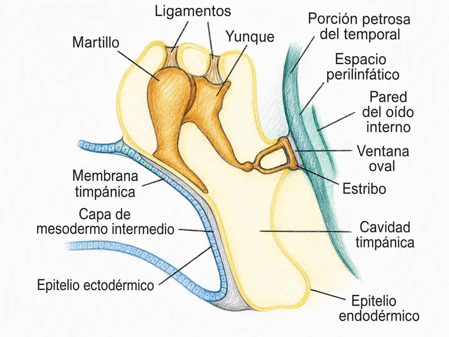 Ilustración embriológica del oído medio con martillo, yunque, estribo, membrana timpánica, cavidad timpánica y capas ectodérmica, mesodérmica y endodérmica.