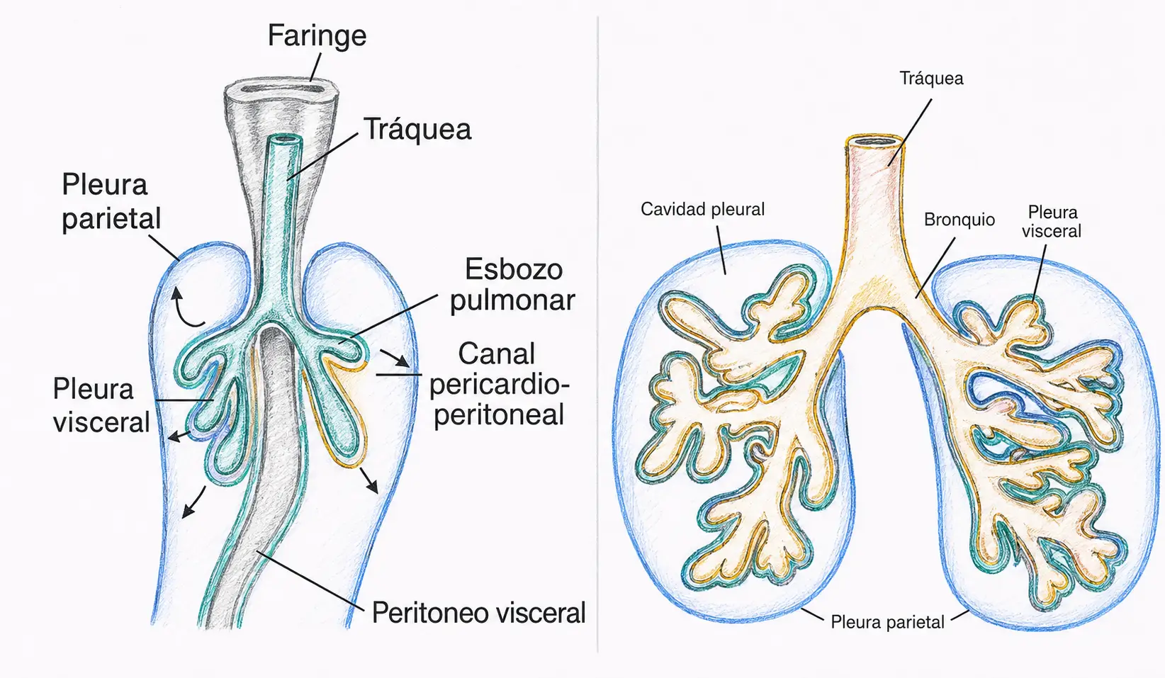 Ilustración embriológica de la formación de la pleura visceral y parietal alrededor del esbozo pulmonar y del árbol bronquial.