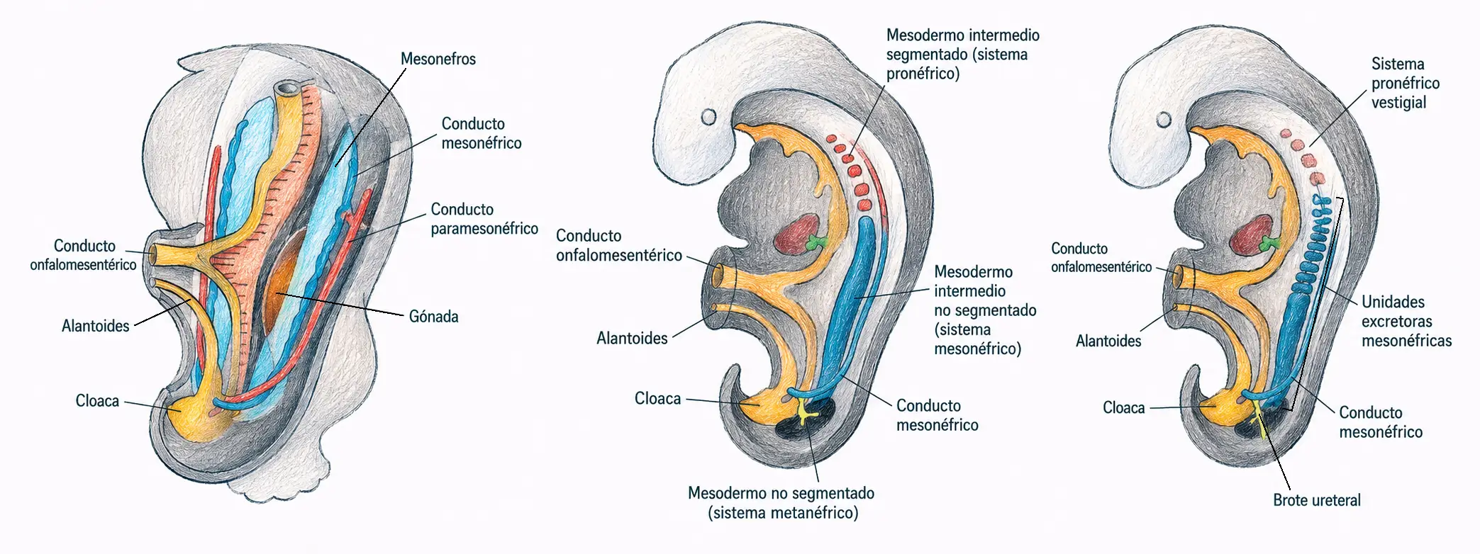 Ilustración en tres etapas del desarrollo del pronefros, mesonefros y metanefros, con conductos mesonéfrico y paramesonéfrico, brote ureteral y gónada.
