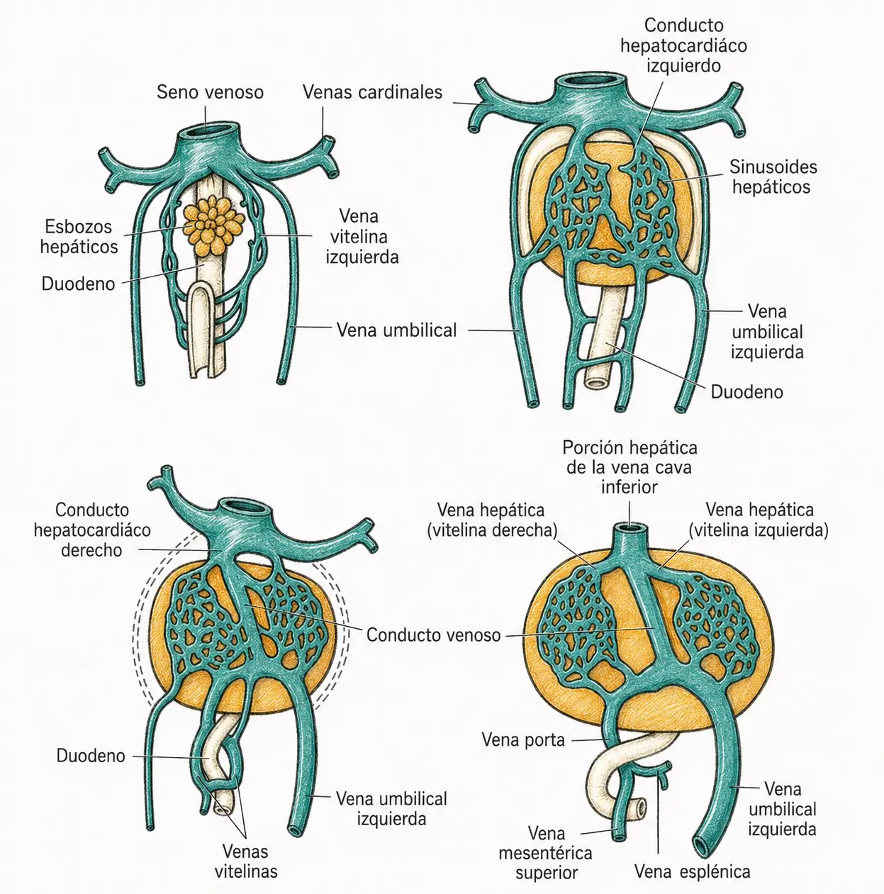 Ilustración embriológica de la remodelación de las venas vitelinas, conducto venoso y vena umbilical izquierda.