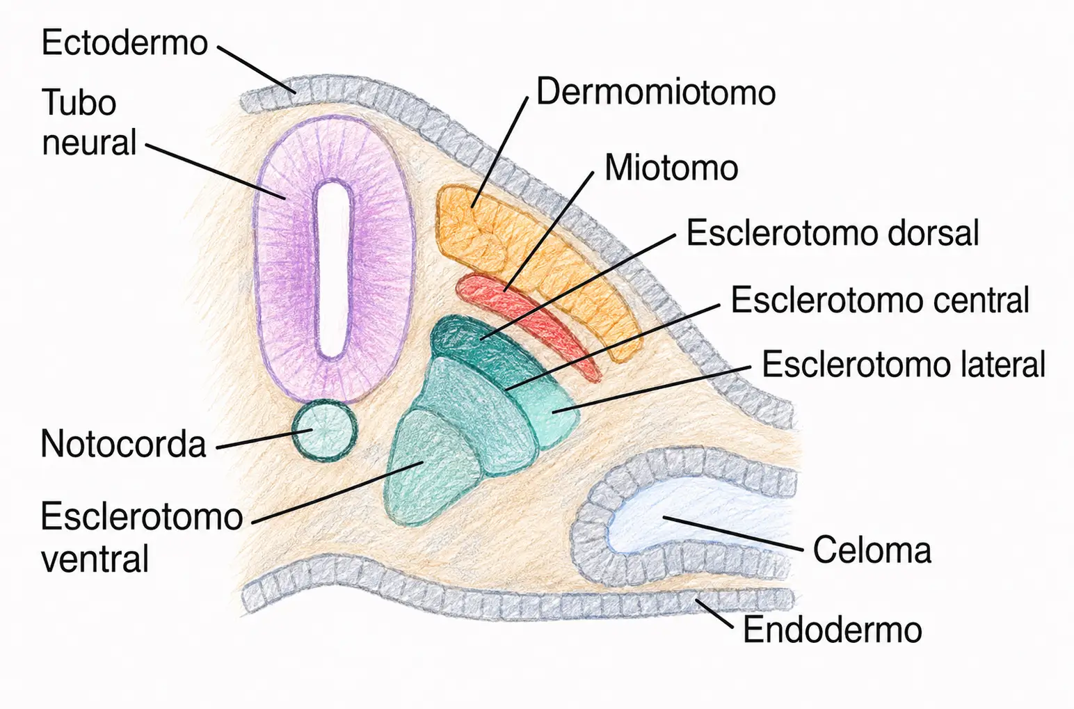 Corte transversal embrionario que muestra la diferenciación del somita en dermomiotomo, miotomo y regiones dorsal, central, lateral y ventral del esclerotomo.