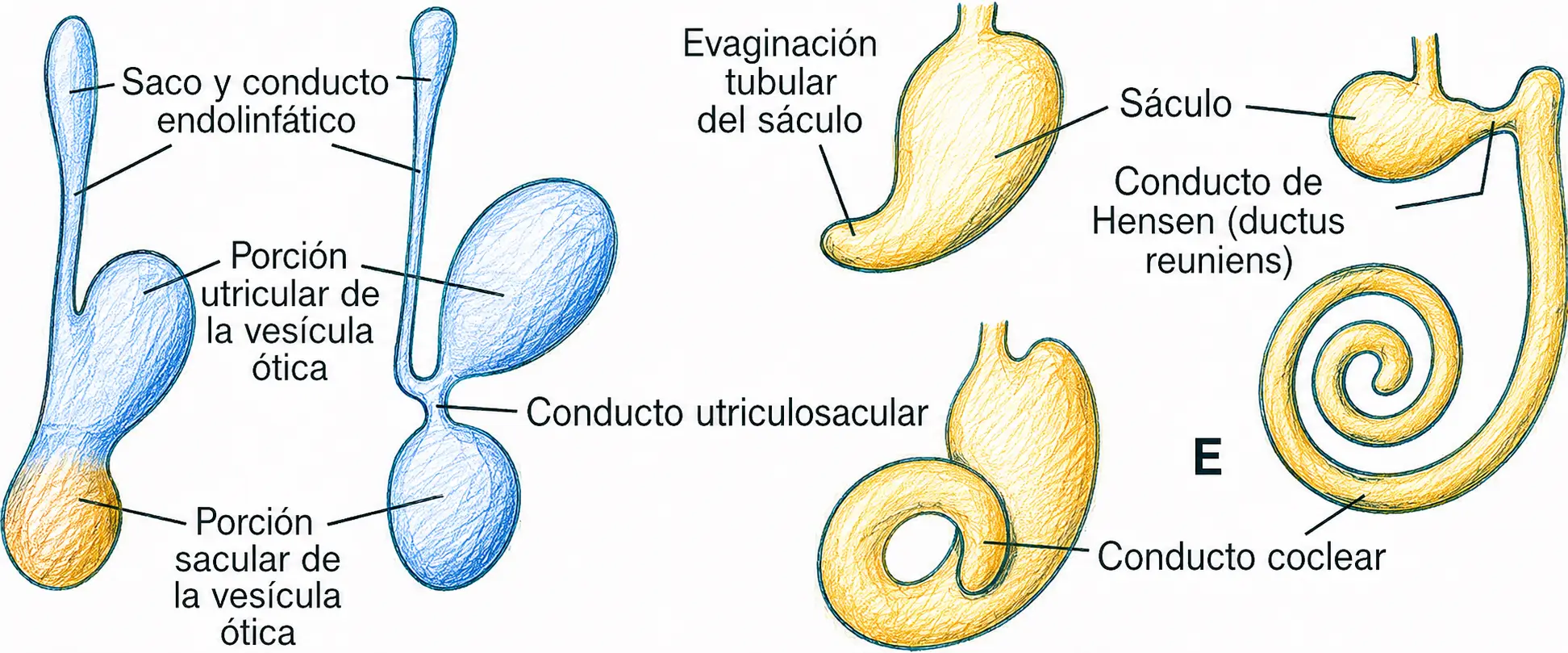 Ilustración embriológica de la diferenciación de la vesícula ótica en porciones utricular y sacular, con sáculo, conducto endolinfático y conducto coclear.