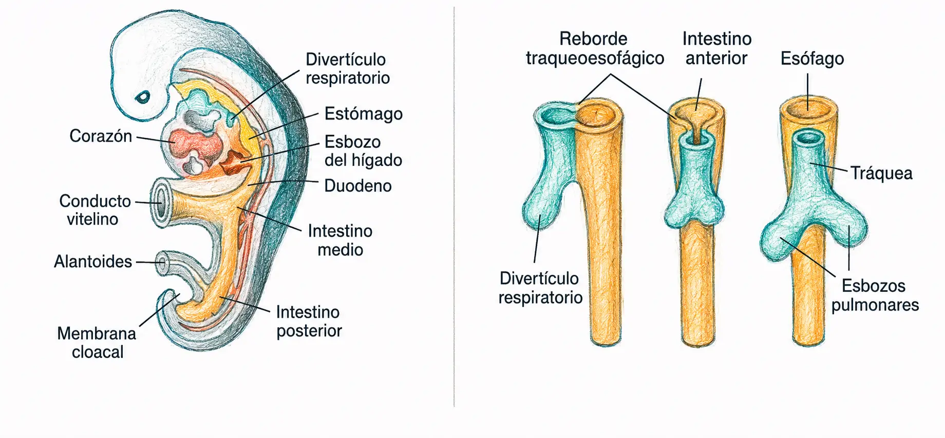Ilustración embriológica del divertículo respiratorio y la separación entre tráquea y esófago mediante los rebordes traqueoesofágicos.
