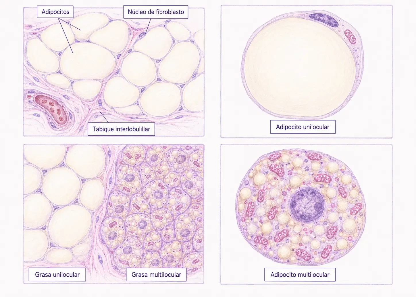 Ilustración comparativa de grasa blanca y grasa parda en histología, con adipocito unilocular, adipocito multilocular y diferencias estructurales entre ambos tejidos adiposos.