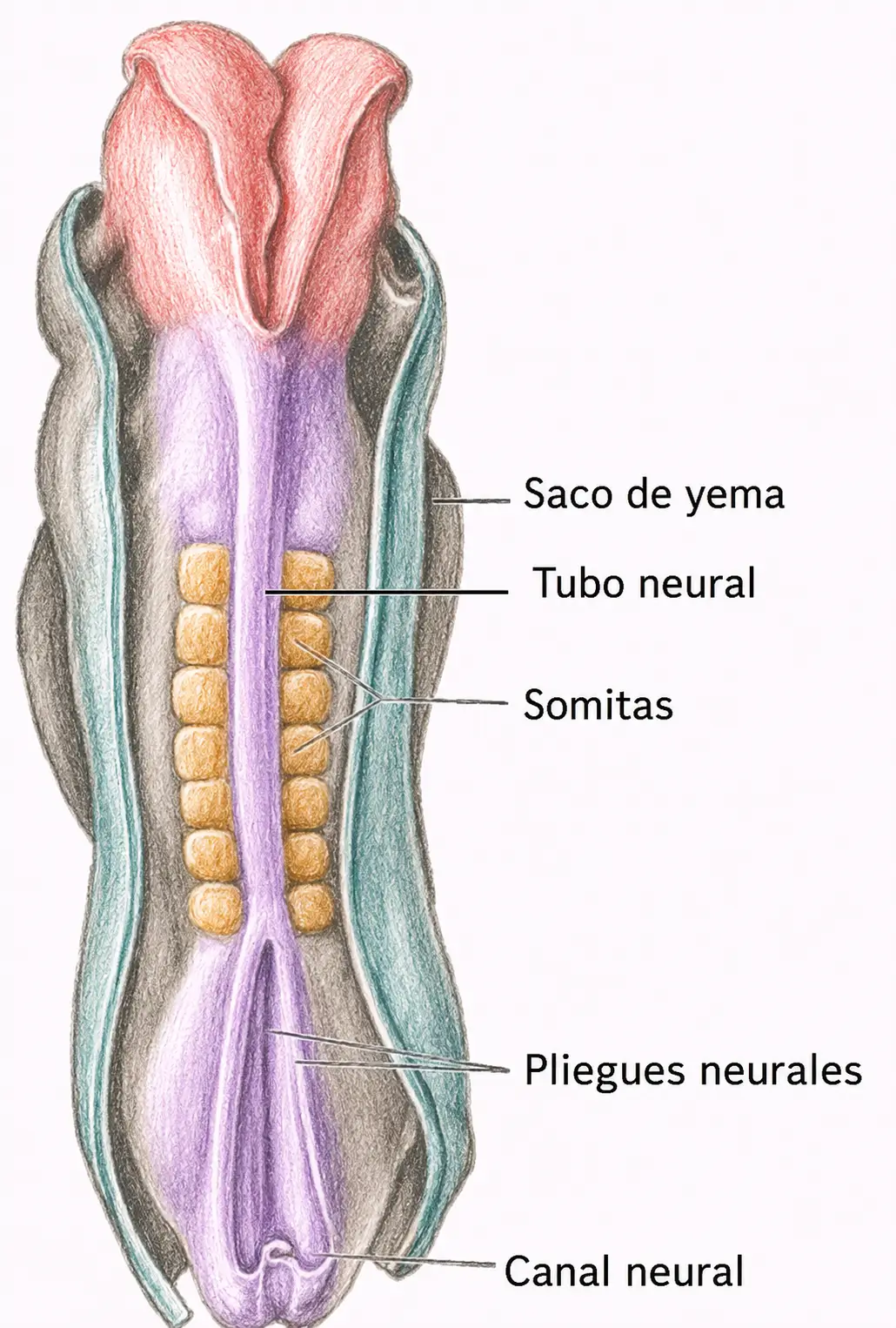 Vista dorsal de un embrión durante la neurulación con saco vitelino, tubo neural, somitas, pliegues neurales y canal neural.