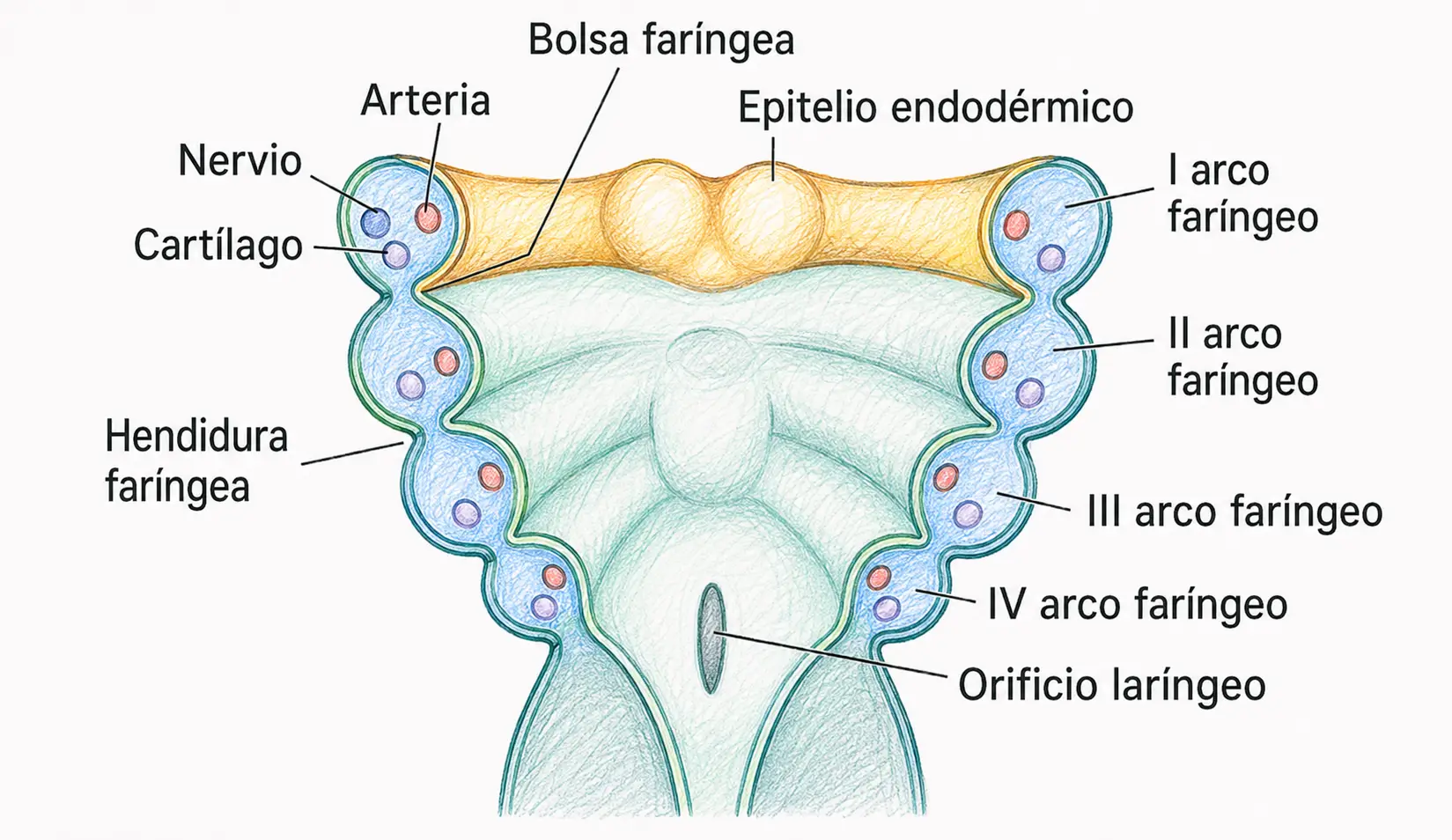 Ilustración embriológica de los arcos faríngeos con cartílago, nervio, arteria, bolsas faríngeas, hendiduras faríngeas y orificio laríngeo.