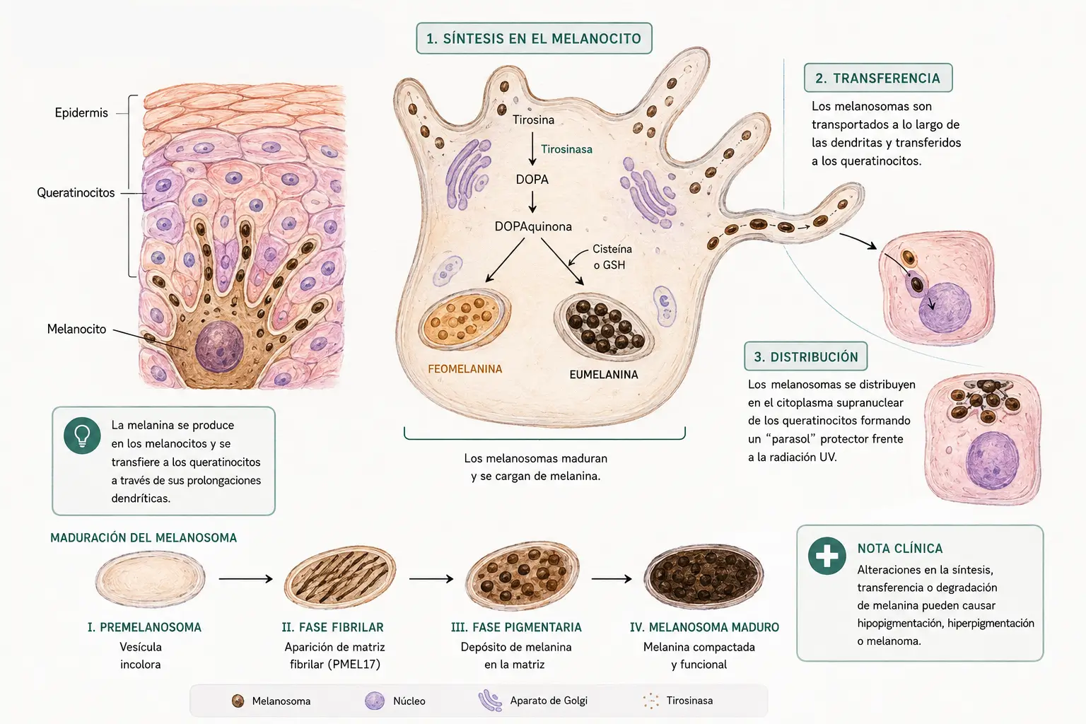Ilustración síntesis melanina melanosomas estadios I-IV transferencia citocrinia queratinocito