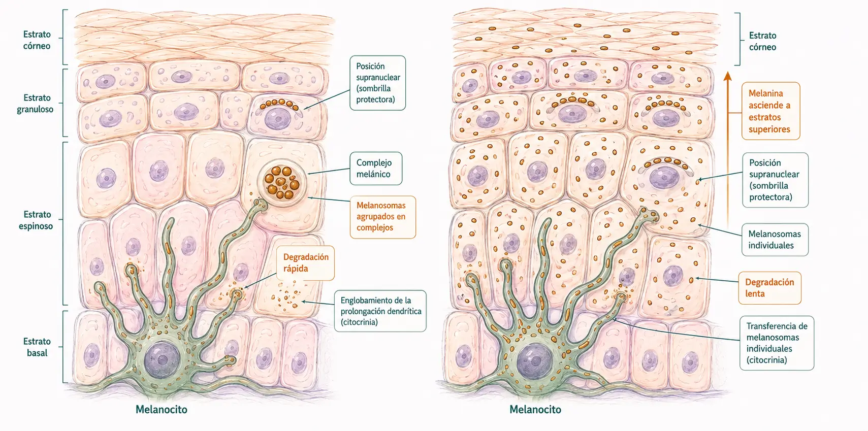 Comparación de la transferencia de melanina en la epidermis: complejos melánicos con degradación rápida frente a melanosomas individuales que ascienden a estratos superiores.