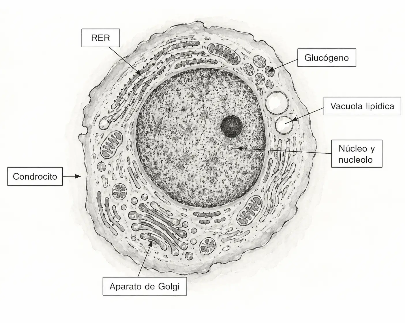 Esquema de la ultraestructura de un condrocito con núcleo, nucléolo, retículo endoplasmático rugoso, aparato de Golgi, glucógeno y vacuolas lipídicas.