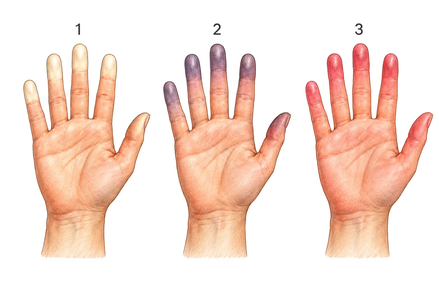 Secuencia trifásica del fenómeno de Raynaud con palidez digital por vasoespasmo, cianosis por estasis sanguínea y eritema por reperfusión